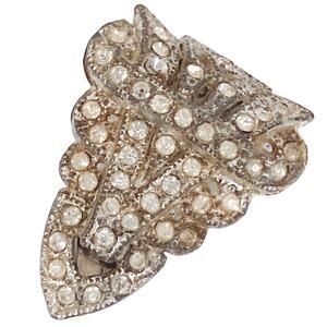 Vintage 1920s 1930s Art Deco Dress Clip Clear Rhinestone Geometric Silver Tone